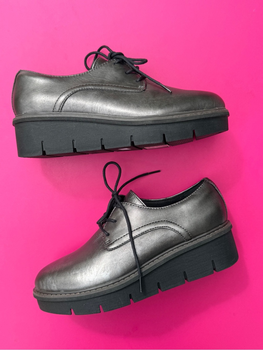 Clarks Airabell Tye Gunmetal Leather Wedge Oxford Shoes NWOB 6 XW 6 Extra Wide